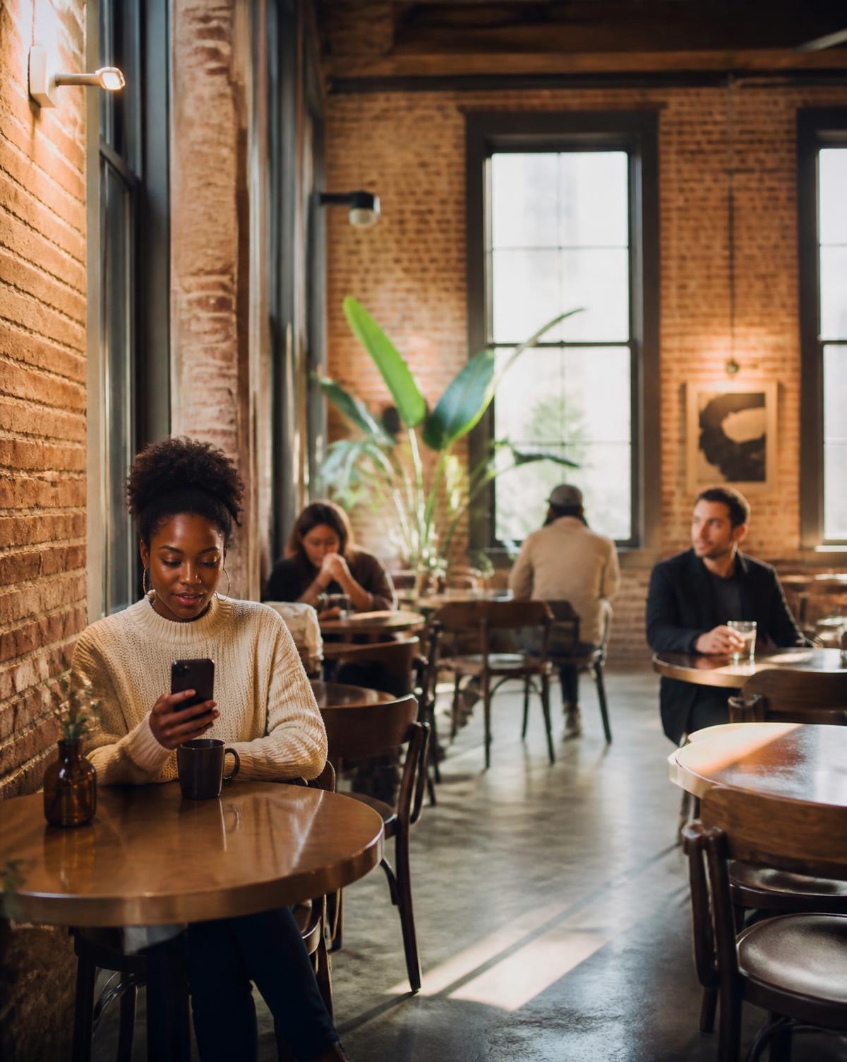 Two people across the room from each other in a sunlit coffee shop